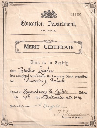 Bertha's merit certificate